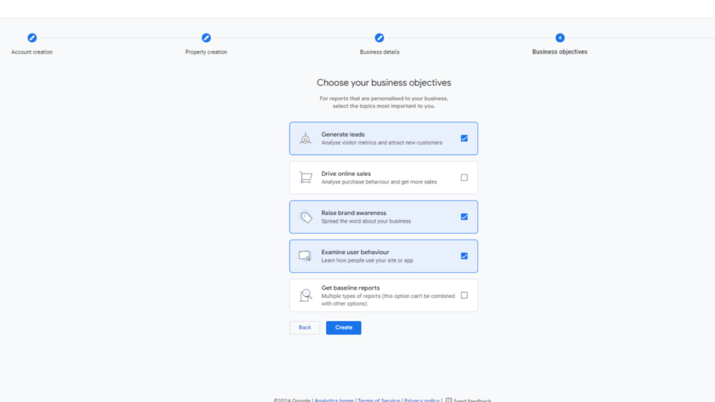 Select the business onbectives in GA4 while setup