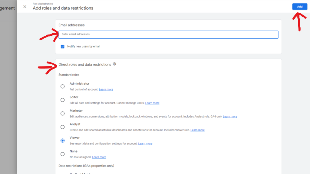 Providing access to specific email ID for GA4