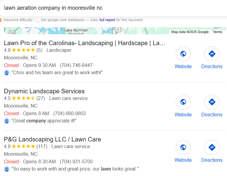 Ranking on Google Map for “Lawn Aeration Company in Mooresville NC”
