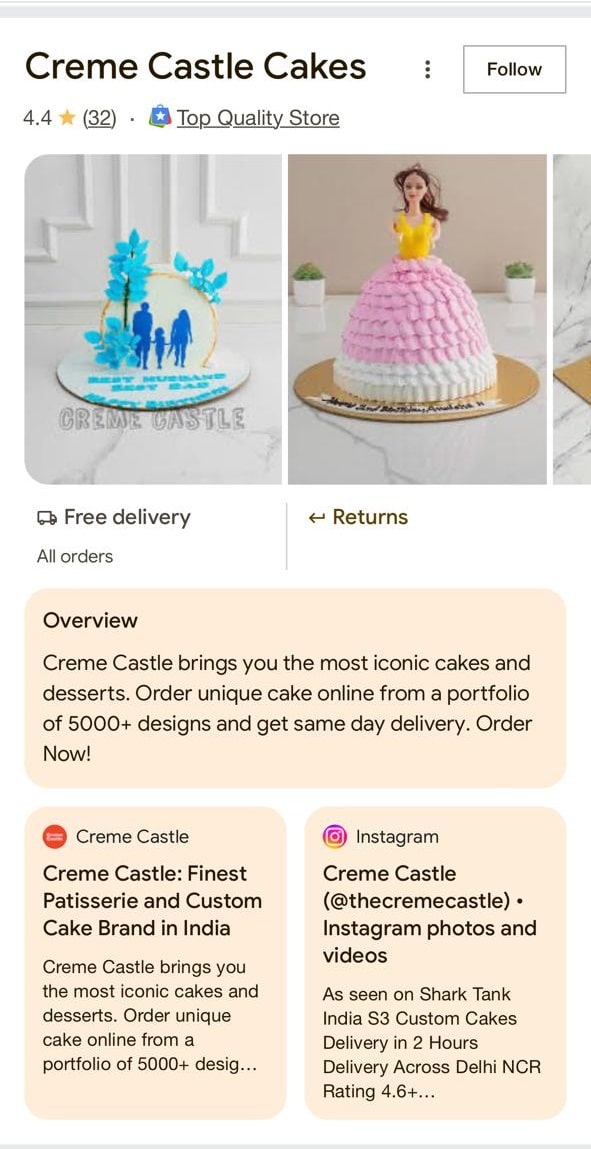 Creme Castle- Brand Profile on Google search