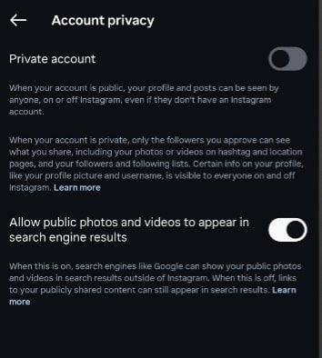 Image- Instagram account privacy settings turn off public posts to appear on Search engine