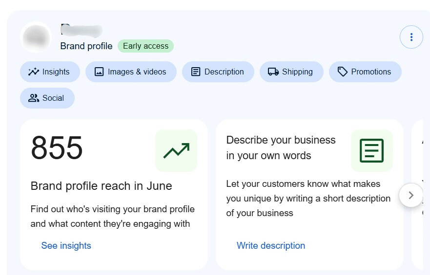 Brand dashboard for brand's profile on Google search