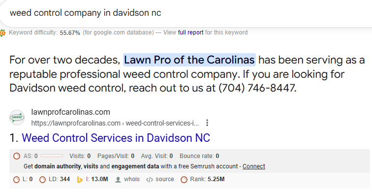 Ranking on Featured Snippet for “Weed Control Company in Davidson NC”
