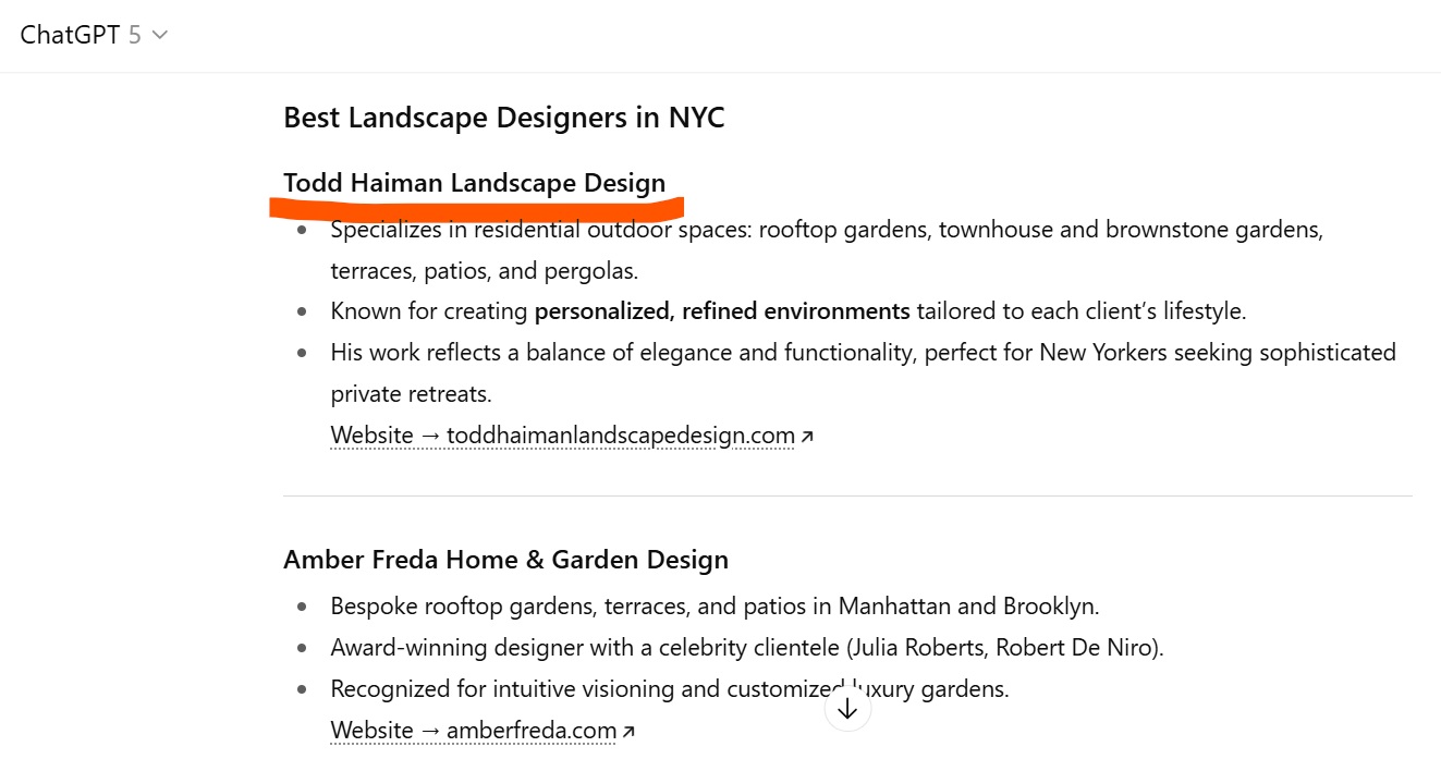ChatGPT result for the best landscape designer in NYC