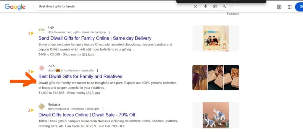 Top Google ranking on Diwali gifting keyword