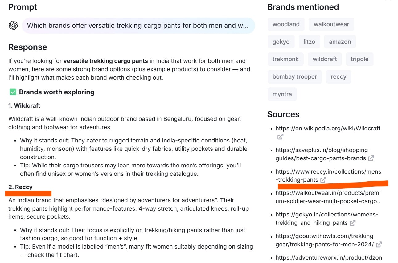 ChatGPT result for Which brands offer versatile trekking cargo pants for both men and women